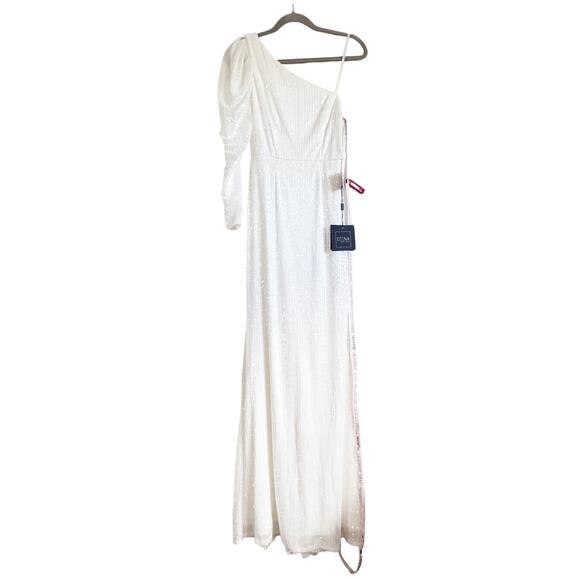 NWT IEENA FOR MAC DUGGAL WHITE SEQUINED ONE SHOULDER TRUMPET GOWN 2 - Picture 5 of 10